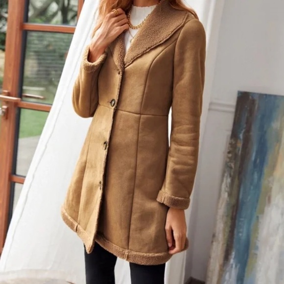 Cozy Camel Tan Sherpa Lined Vegan Suede Jacket Coat - Picture 3 of 5
